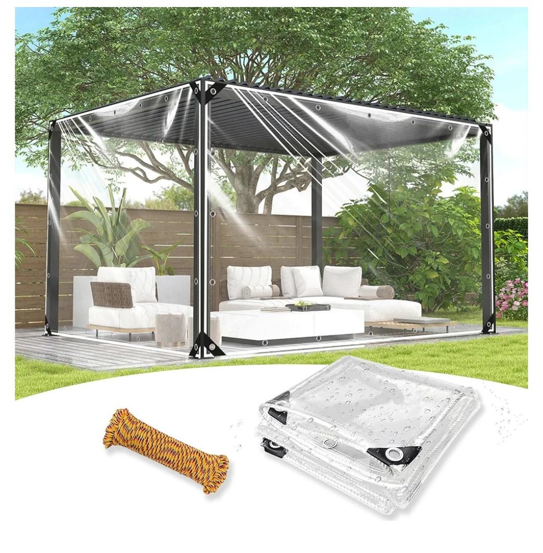 8x12 ft Clear Tarp, Heavy Duty Clear Waterproof Tarp with Grommets, Thickened Tear Resistant PVC Vinyl Tarps for Outdoor Protection Pergola, Greenhouse, Patio and Porch