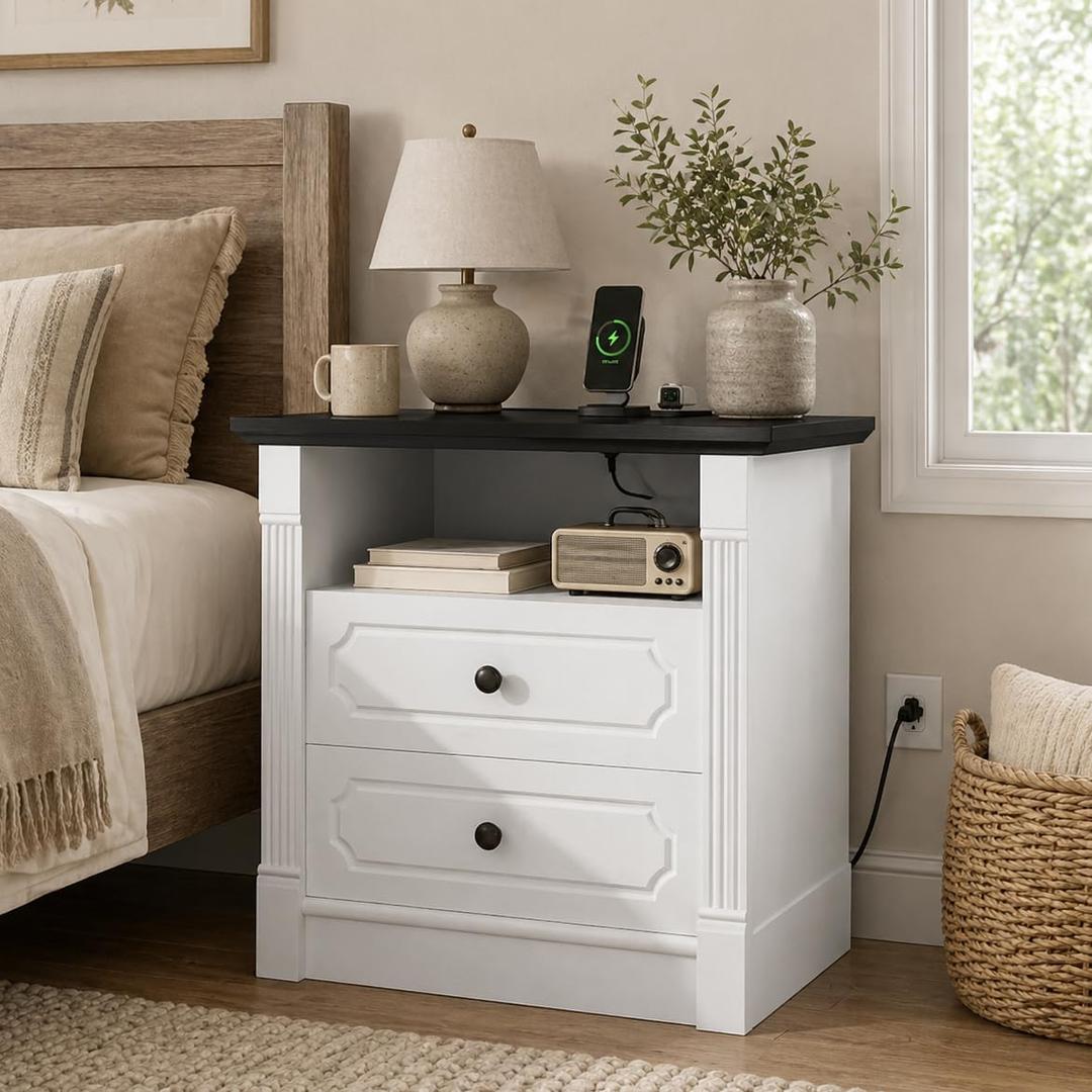24" Farmhouse Nightstand w/Charging Station, Wide End Table w/2 Drawers & Roman Column, Mid Century Bedside Table for Bedroom, Large Sofa Side Table Living Room, Antique White, Set of 1, 16.7"D x 23.8"W x 25"H