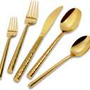 Gold Silverware 18/10 Stainless Steel 40-Piece Mirror Polsihing Flatware Round Hammered Cutlery Set Service for 8