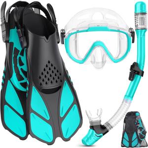 Snorkeling Gear for Adults Men Women,4 in 1 Snorkel Set with Panoramic View Diving Mask Anti-Fog Anti-Leak,Dry Top Snorkel,Fins and Travel Bag for Swimming,Snorkeling and Travel Diving (Small-Medium, Transparent Green)