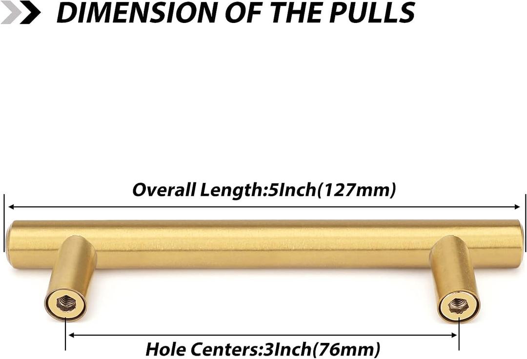 goldenwarm 1 Piece Gold Cabinet Drawer Pulls Kitchen Hardware Brushed Brass Cabinet Handles T Bar Door Pull Knobs 3in Hole Centers, 5in Overall Length