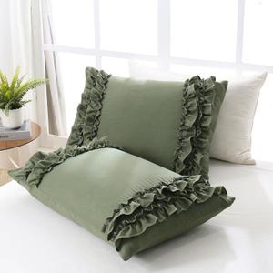 Herside Olive Green Queen Size Pillow Cases Set of 2,20"x30" Green Ruffle Pillow Shams Standard Size,French Country Vintage Shabby Chic Ruffled Pillowcase Soft Microfiber(Olive Green,Queen)