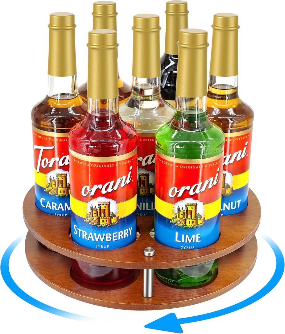 SHILFID Rotating Coffee Syrup Organizer Rack,Syrup Bottle Stand Holder for Coffee Syrup Station,7 Bottles Storage Display Turntable Tray&Lazy Susan for Syrup,Liquor Wine in Kitchen Countertop (Brown)