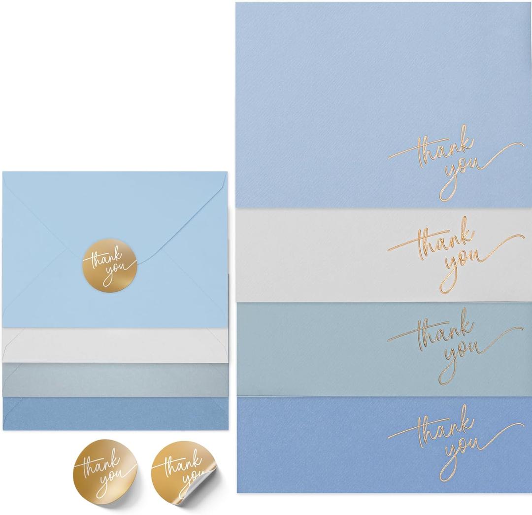 Gold Foil Thank You Cards - Bulk Pack of 40, 5x3.5 Inch with Matching Stickers & Envelopes (Blue) Textured Surface for a Unique Feel - Suitable for Baby Shower, Wedding, Small Business, Graduation