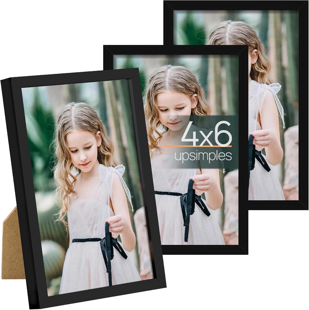 upsimples 4x6 Picture Frame Set of 3, Made of High Definition Glass for 4 x 6, Wall and Tabletop Display Thin Border Photo Frames for Home Dcor, Black