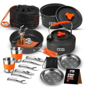 18 Pcs Smokey Camp Backpacking Cooking Set with Stove & Adapter - Pot, Pan, Kettle, Stove, Cutlery, Compact Camping Cookware Mess Kit, All in One Non-Stick Camping Cooking Set, Hiking, Picnic