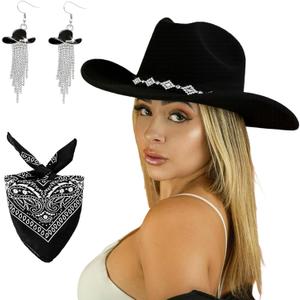 Western Cowgirl Hat for Women Men, Fedora Wide Brim Rhinestone Cowboy Hat with Bandana and Cowgirl Tassels Earrings (Black)