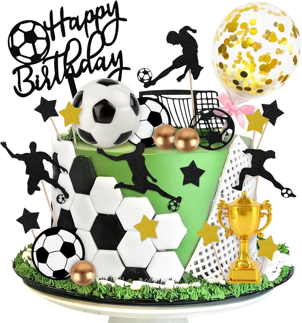 28 PCS Soccer Cake Topper Soccer Ball Player Cake Decorations with Ball Happy Birthday Topper for Boys Birthday Party Decorations Sport Themed Party Supplies