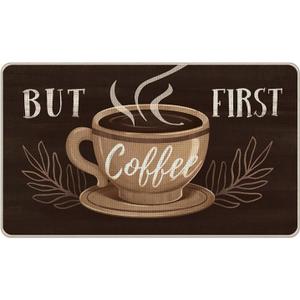 But First Coffee Themed Decorative Front Door Mat, Welcome Doormat Indoor Outdoor Brown Non-Slip Floor Entryway Rug, Coffee Bar Cafe Low Profile Home Kitchen Decoration 17x29 Inch