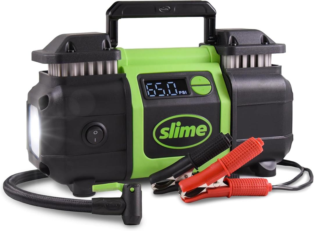 Slime 40083 Tire Inflator, Super Duty Pro Power, Battery Connection, Dual Piston, with Digital 0-99 psi Gauge, Long Hose and LED Light, Alligator Clips, 2 min Inflation