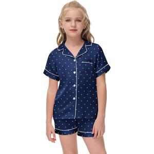 Veseacky Classic Silk Nightwear for Little Girls Notch Collar Button Down Satin 2 Piece Pajama Set (Navy Blue Dots,size 6)