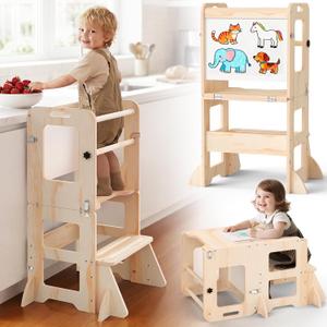 4-in-1 Toddler Kitchen Step Stool, Foldable Learning Standing Tower with Whiteboard, Wooden Kitchen Stool Helper for Kids, 1-3 Year Old Boy Girl Gifts (Natural Wood Color)