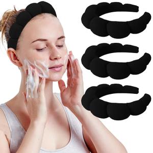 WHAVEL 3 Pack Spa Headband Skincare Headbands, Makeup Headband Sponge Terry Cloth Headbands Face Wash Headband Puffy Hair Band for Washing Face Women Girls (Black)