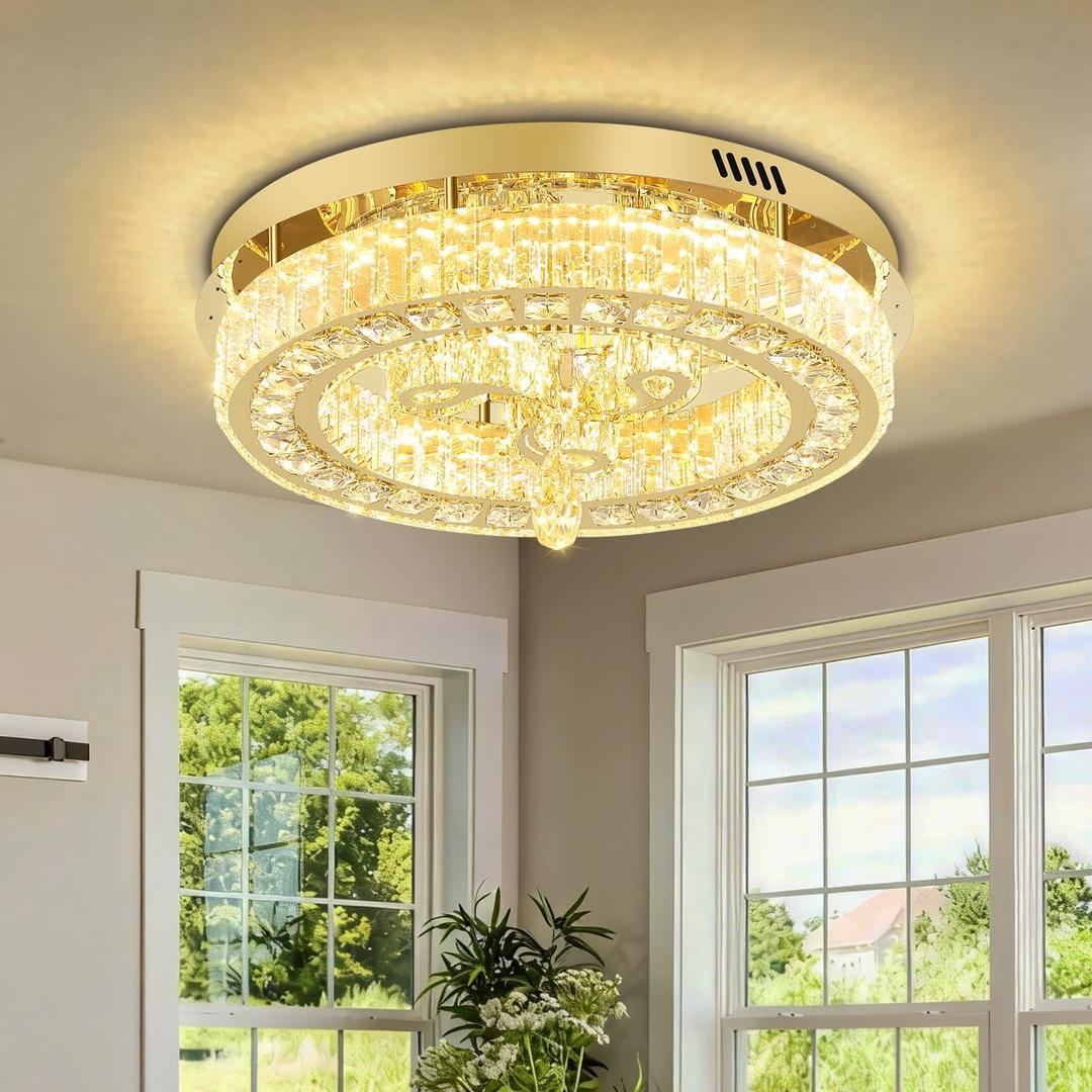 20'' Gold Modern Crystal Chandelier LED Dimmable Flush Mount Crystal Ceiling Light for Living Room Bedroom Dining Room