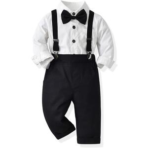 IDOPIP Toddler Kids Baby Boys 1st Christmas Outfit Gentleman Striped Shirt with Bowtie +Long Suspender Pants Overalls Clothes (12-18 Months, Black + White)