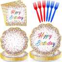 96Pcs Happy Birthday Party Supplies Confetti Sprinkles Plates and Napkins Disposable Sprinkles Theme Tableware Set for Kids Birthday Baby Shower Party Decorations Serves 24