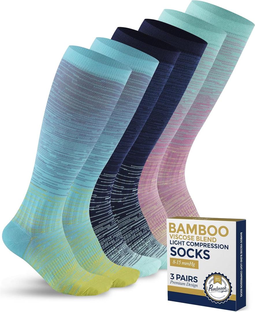 Pembrook Bamboo Viscose Light Compression Socks - 3 Pairs | 8-15 mmhg Compression Socks | Knee High Comfort Support Socks (Blue, S)