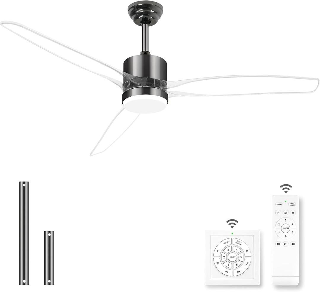 OKELI Clear Ceiling Fan with Light, 52 Inch Black Transparent Ceiling Fans with Light and Remote 3 Reversible Blade LED Ceiling Fan and Light Combo for Living Room, Bedroom, Patio