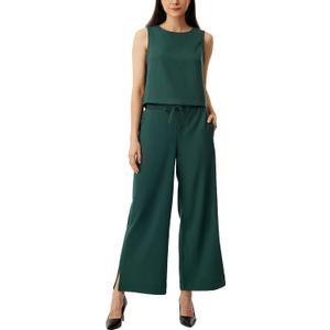 AFITNE Women's Summer 2 Piece Outfits Linen Sleeveless Tank Crop Top Wide Leg Pants Lounge Matching Sets (Blue, XXL)