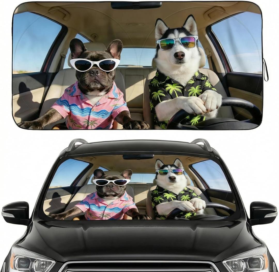 Windshield Sun Shade for Car, Cute Husky & French Bulldog Car Windshield Sunshade, Funny Dog UV Heat Shield, Foldable Automotive Sun Shade for Cars SUV Trucks (Large/Truck (69"x35.5" / 175cm x 90cm))