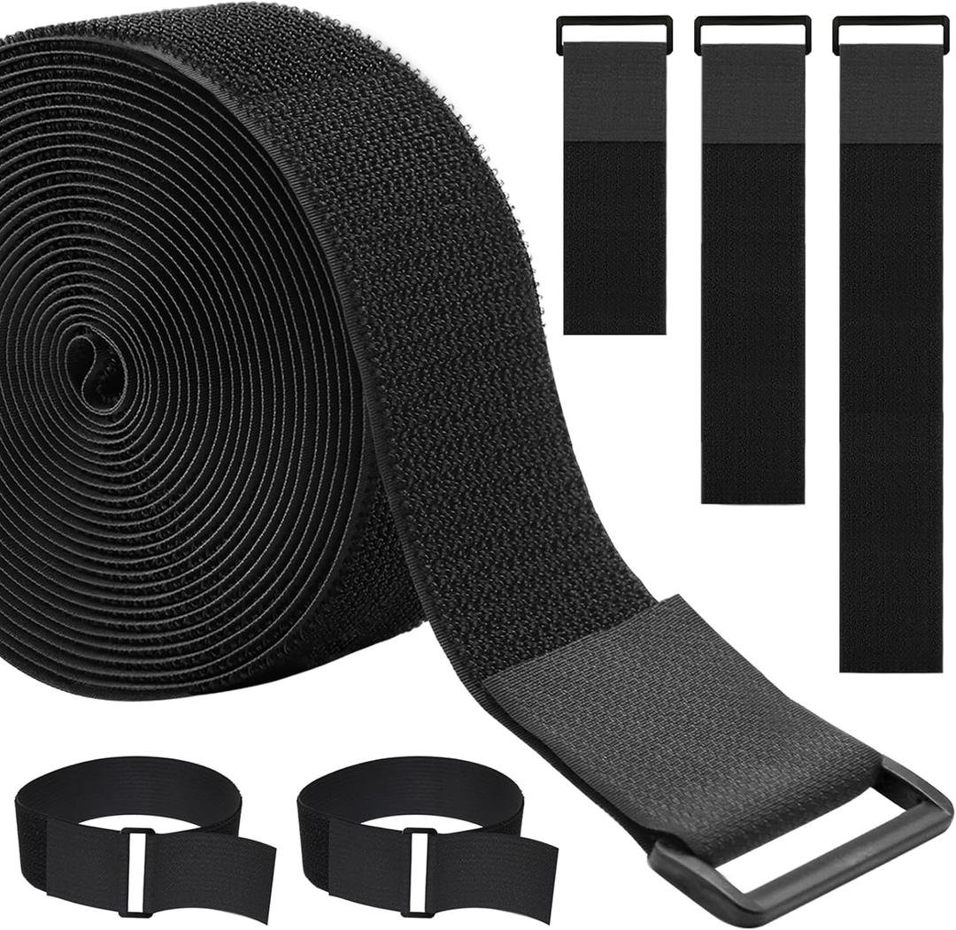 2In x 16Ft Cable Straps Heavy Duty With 15 Buckles, Black Hook and Loop Straps, Reusable Cable Ties for Organizer or Storage