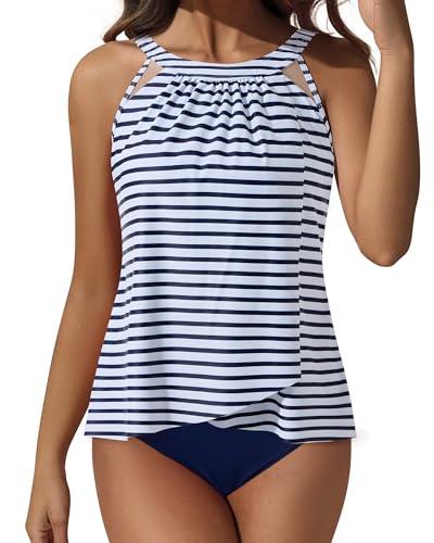 SUUKSESS Women Slimming Top (Navy Blue Striped,L)