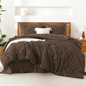 Litanika King Size Comforter Set with Sheets Brown - 7 Pieces Bed in a Bag King Chevron Tufted Complete Bedding Sets with Comforter, Sheets, Pillowcases & Shams (King (104"x90"))