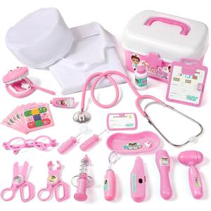 Phobby Durable Doctor Kit for Kids, 27 Pcs Deluxe Pretend Play Set Medical Toy with Real Stethoscope for Toddlers Boys Girls Birthday Gift Aged 3 4 5 6 7 8(Pink)