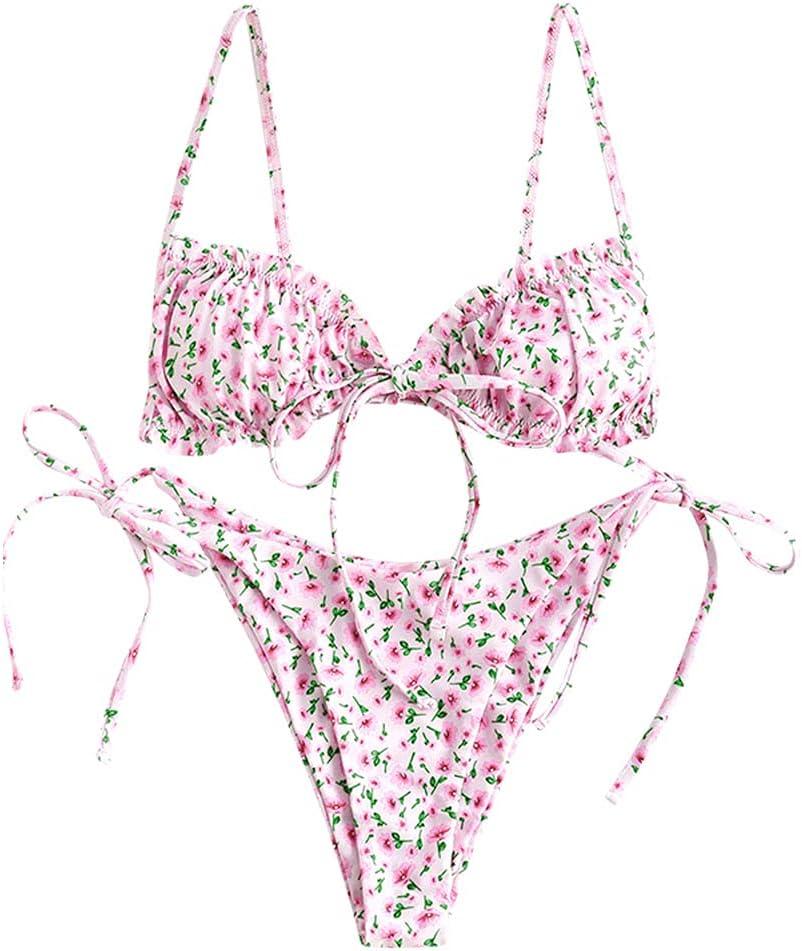 ZAFUL Women's Ditsy Floral Printed Swimsuit Underwired Knotted String Triangle Bikini High Cut Cheeky Bikini Set (X-Large, Pink)