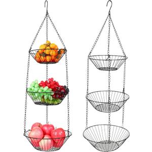 Maxdot 2 Pack 3-tier Hanging Fruit Basket with Sturdy Metal Chain Hanging Wall Fruit Basket for Kitchen Heavy Duty Wire Storage for Potatoes, Onions, Oranges, Bananas, Limes, Lemons