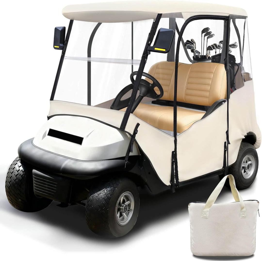 MOSNAI Golf Cart Enclosure 2 Passenger for Club Car Precedent 2004-Up, Tempo & Onward with Zippered Doors, 600D Oxford and Thickened Clear PVC, Keep Warm Golf Cart Rain Cover with 8 Windproof Hooks (Beige)