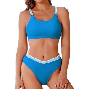 AI'MAGE Women's High Cut Bikini Set 2 Piece Sporty Swimsuit Color Block Bathing Suit with Trim M, Blue