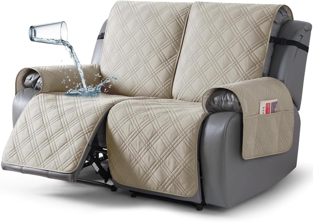 TAOCOCO 100% Waterproof Oversized Loveseat Recliner Cover, Non Slip Split Couch Covers for Reclining Loveseat with Elastic Straps for Kids Pets(Oversized 2 Seater, Cream)
