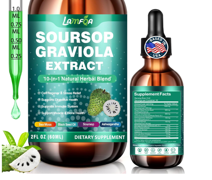 Soursop Bitters Liquid 10-in-1 with Ashwagandha, Black Seed Oil & Turmeric, Gotu Kola for Immune Support, Gut Health, Cell Regeneration & Antioxidant, Vegan, Non-GMO, Sugar-Free, 2 Fl Oz