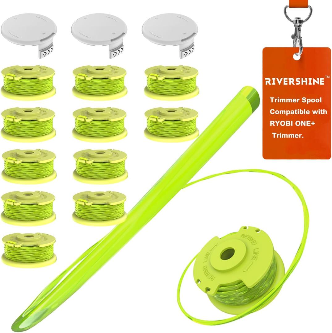 Rivershine AC80RL3 Weed Wacker String, 0.08'' String Trimmer Line, Compatible with Ryobi 18V, 24V, 40V Weed Wacker (12 Replacement Spools, 3 Trimmer Caps)
