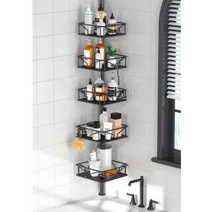 Skycarper 5 Tier Adjustable Corner Shower Caddy Organizer with Hooks,Rustproof Tension Pole 62-116 Inch, Black