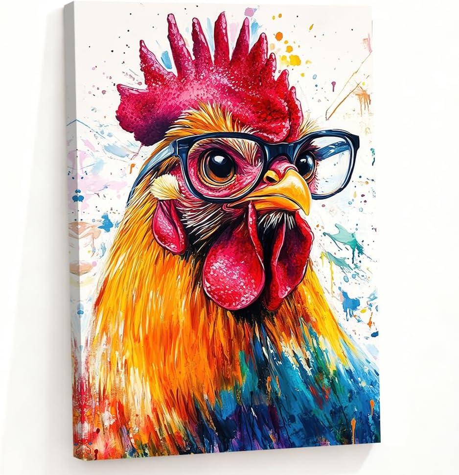 ZQQART Rooster Canvas Wall Art Funny Chicken Portrait Picture Prints Rustic Animal Painting Artwork Farmhouse Kitchen Decor Framed(White,12.00" x 18.00")