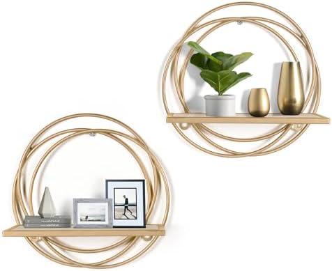Oakrain Small Floating Shelves Set of 2, Wall Mounted Hanging Shelf with Gold Metal and Wood, Round Wall Shelves for Storage, Living Room Decor, Bathroom, Kitchen, Bedroom, Office