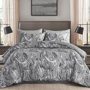 DJY Grey Paisley Comforter Set King, 7 Piece Boho Paisley Dark Gray Bed in a Bag Comforter Set, Soft Microfiber Complete Bedding Set for All Season (104''x90)