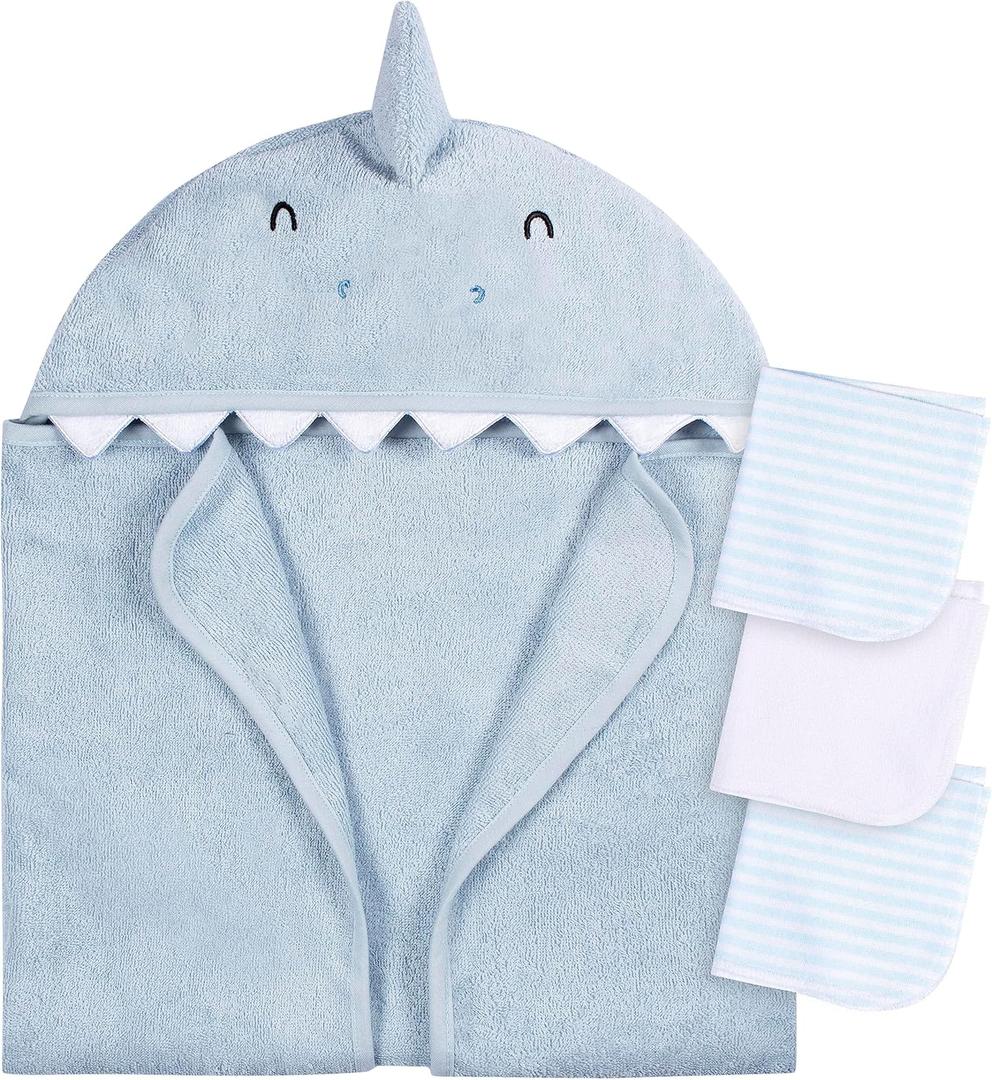 Kids 1 Piece Animal Character Hooded Towel and Washcloth Set, Blue Shark, One Size