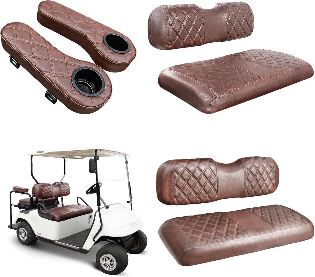 NOKINS Golf Cart Seat Covers for EZGO TXT 1994-2013/EZGO RXV, Vinyl Front&Rear Seat Cover with Flip-Up Armrests kit, with Cup Holder, for 1" Square Tube (Brown&Brown 8438)