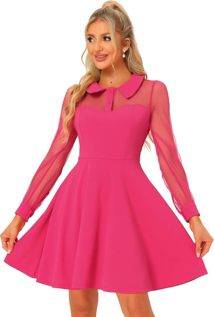 Allegra K Cocktail Party Dress for Women's Sheer Mesh Panel Long Sleeve Mini A-Line Dresses (Pink, S)