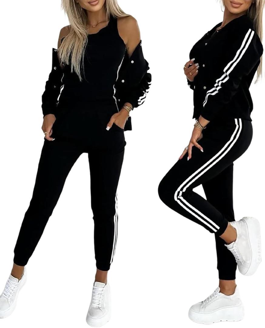CHICME Women's Three Piece Outfits Striped Tape Patch Tank Tops Bomber Jacket with Sporty Pants Tracksuit Lounge Sets (Black) S