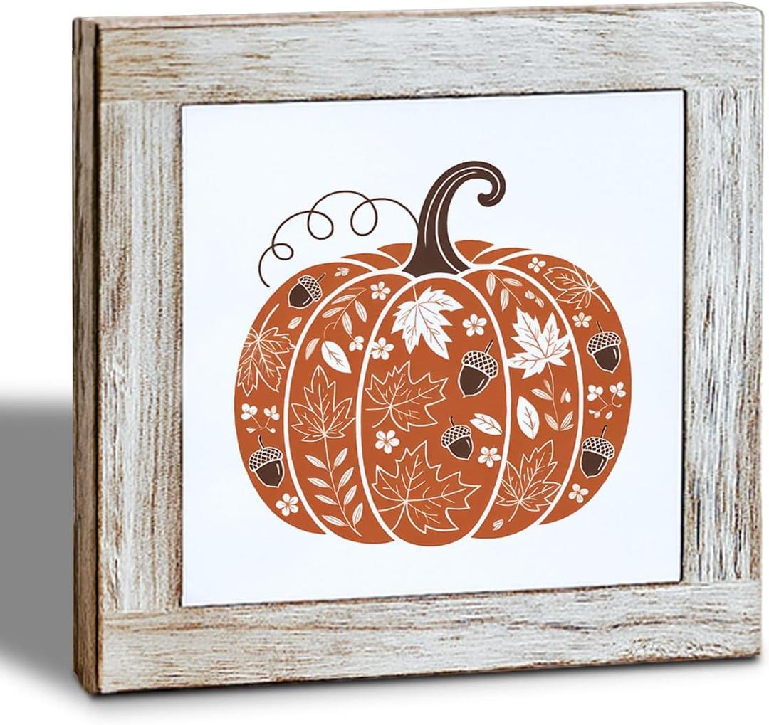 Fall Decor, Rustic Pumpkin Wood Signs, Fall Decors for Home Office Coffee Station, Pumpkin Harvest Sign, Wooden Box Sign for Desk Table Shelf Decoration, Seasonal Decorative Signs 5.9x5.9 inches (Autumn 01)