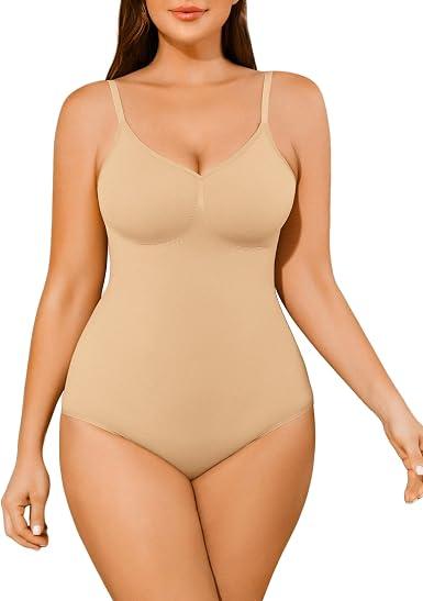 AegisChic Shapewear Tummy Control BodySuit for Women V-Neck Thong Seamless Butt Lift Seamless Body Suit with Adjustable Straps Nude Light, Medium-Large