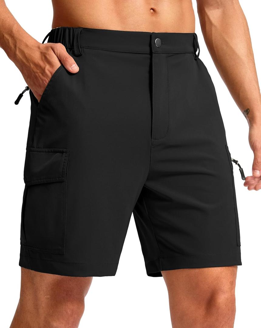 Pudolla Men's Hiking Cargo Shorts 7" Lightweight Quick Dry Casual Work Shorts for Men Summer Travel Golf with 5 Pockets (Large, Black)