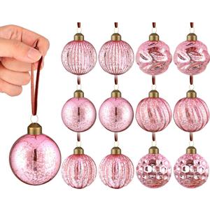 12 Pcs Vintage Mercury Glass Christmas Ball Ornaments 2.36 Inch Antique Embossed Ball Decorations Christmas Tree Hanging Decorations for Xmas Winter Holiday Decor Gifts (Pink)