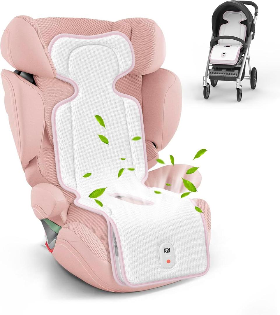Baby Stroller Cooling Pad, Car Seat Cooler with 2 Built-in Blower Fan| 10h max Runtime & 10000mAh Battery | 3-Speed Adjustable & Breathable 3D Mesh, Carseat Cushion, Baby Essentials in Summer (Pink)