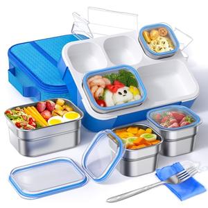TIME4DEALS Bento Box Stainless Steel Lunch Box Set with for Lunch Bag Kids Adult 5-Compartment Leakproof Insulated Lunch Containers with Utensils for School Works, Metal Lunchbox Tray BPA-Free (Blue)