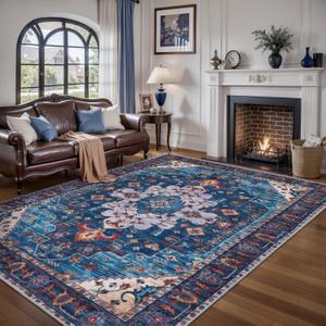 Ciicool Area Rug 5x7ft Washable Rugs for Living Room Non-Slip Indoor Rugs Large Low-Pile Mat Floor Carpet Vintage Rug for Bedroom Dinning Foyer Decor (Dark/Blue)